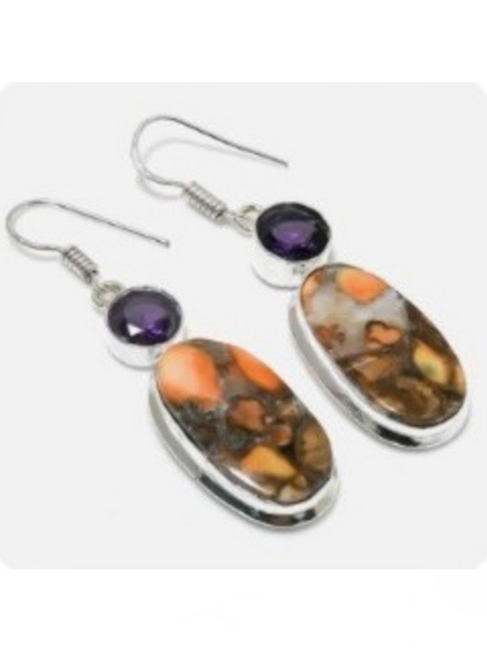 Petrified Wood, Amethyst Gemstone 925 Sterling Silver Handmade Dangle Earrings